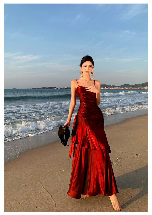 Modest Mermaid Spaghetti Straps Sleeveless Maroon Red Long Evening Dress Prom Dresses DP233