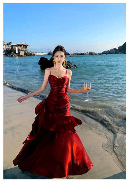 Modest Mermaid Spaghetti Straps Sleeveless Maroon Red Long Evening Dress Prom Dresses DP233