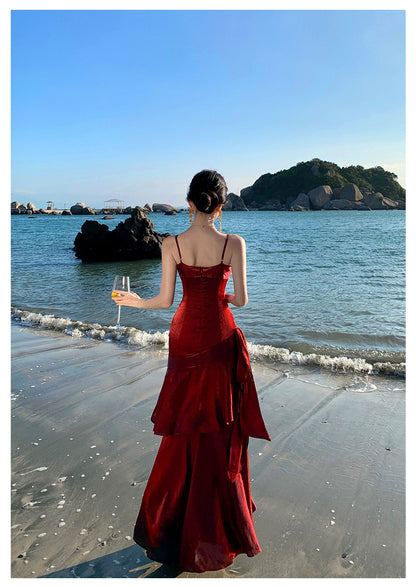 Modest Mermaid Spaghetti Straps Sleeveless Maroon Red Long Evening Dress Prom Dresses DP233