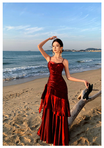 Modest Mermaid Spaghetti Straps Sleeveless Maroon Red Long Evening Dress Prom Dresses DP233