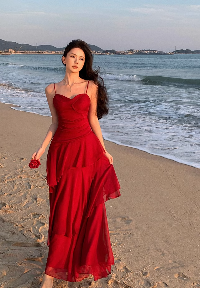 Modest Mermaid Spaghetti Straps Sleeveless Red Long Evening Dress Prom Dresses DP236