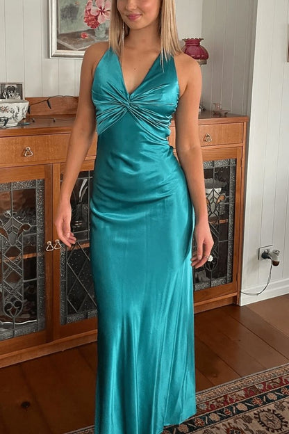 Chic Halter V-Neck Pleated Satin Sleeveless Long Party Dress Prom Dresses DP239