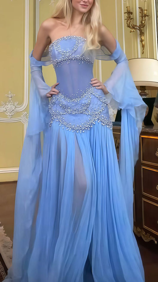 Edle Meerjungfrau Luxus Baby Blau Perle Chiffon Ballkleid Prinzessin Geburtstagskleid Lange Ballkleider DP240
