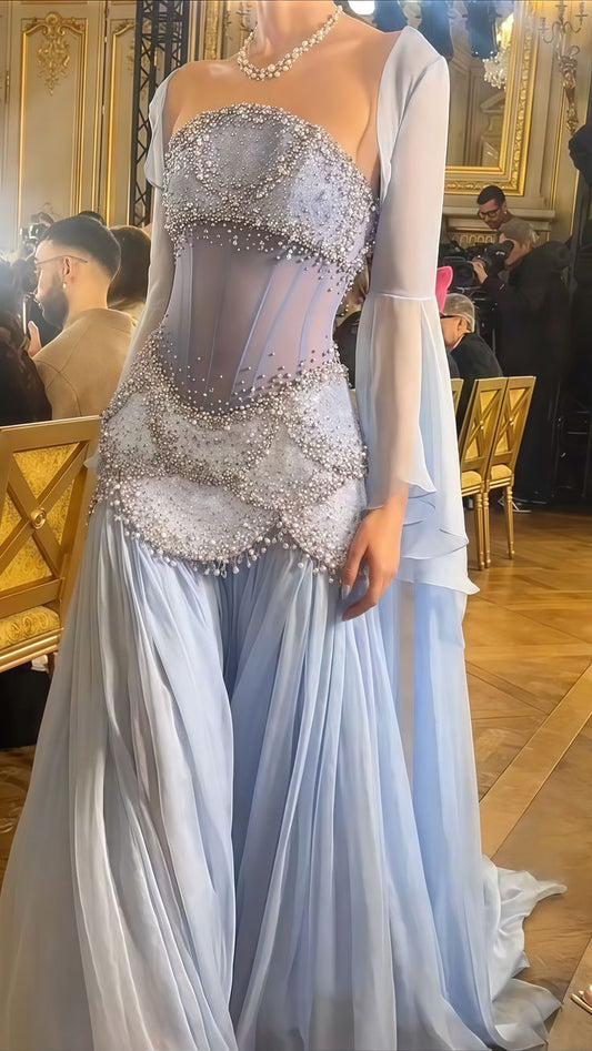 Edle Meerjungfrau Luxus Baby Blau Perle Chiffon Ballkleid Prinzessin Geburtstagskleid Lange Ballkleider DP240