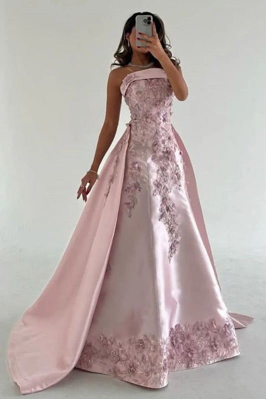 Elegantes rosa A-Linien-Partykleid aus Satin ohne Träger mit Applikationen und Schleppe DP243