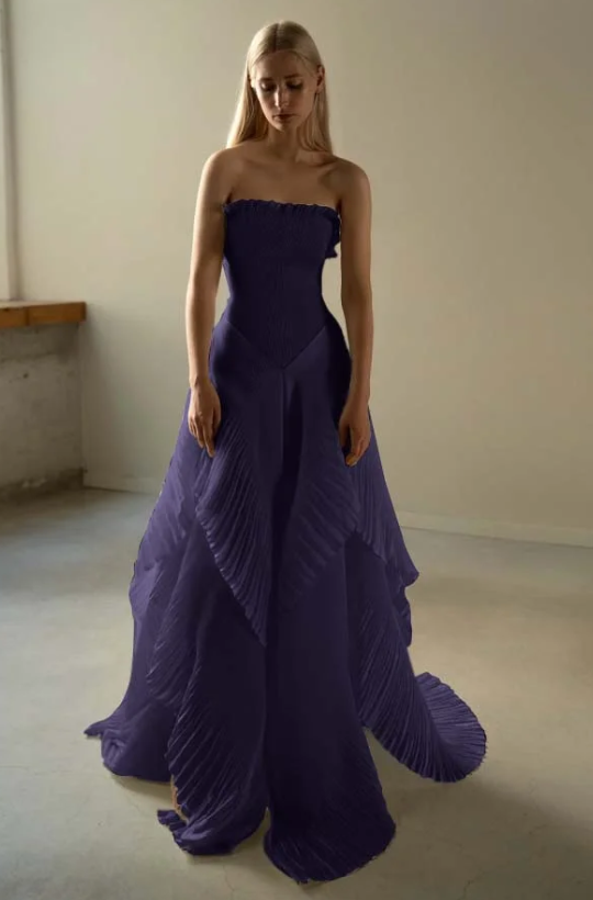 Chic Beige Pleated Strapless Contrast Color Stitching Prom Dress Long Prom Dresses DP241