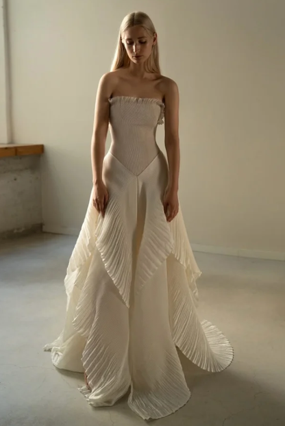 Chic Beige Pleated Strapless Contrast Color Stitching Prom Dress Long Prom Dresses DP241