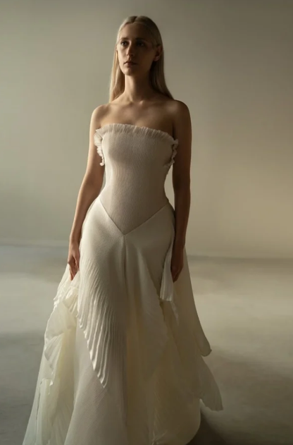 Chic Beige Pleated Strapless Contrast Color Stitching Prom Dress Long Prom Dresses DP241
