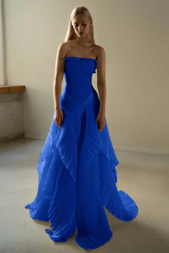 Chic Beige Pleated Strapless Contrast Color Stitching Prom Dress Long Prom Dresses DP241