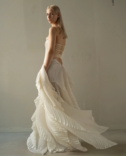 Chic Beige Pleated Strapless Contrast Color Stitching Prom Dress Long Prom Dresses DP241