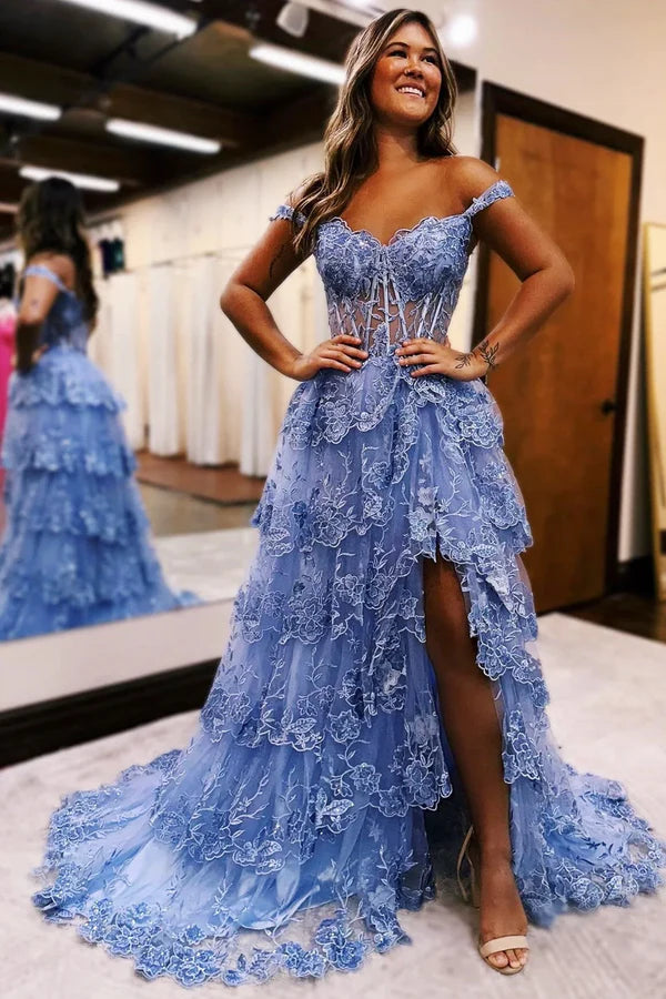 Elegant Prom Dresses Formal Court Train Sleeveless Off Shoulder Tulle with Sequin Slit Evening Dresses DP268