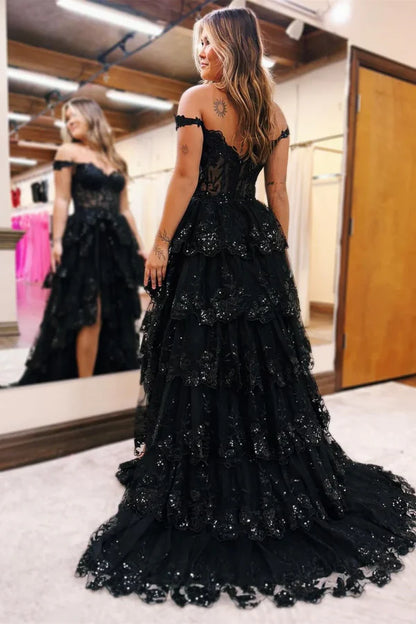 Elegant Prom Dresses Formal Court Train Sleeveless Off Shoulder Tulle with Sequin Slit Evening Dresses DP268