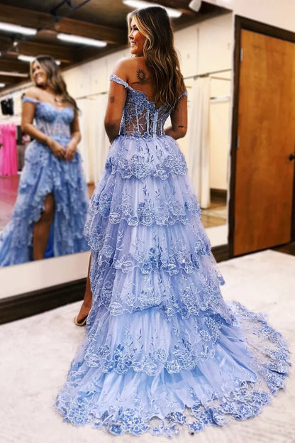 Elegant Prom Dresses Formal Court Train Sleeveless Off Shoulder Tulle with Sequin Slit Evening Dresses DP268