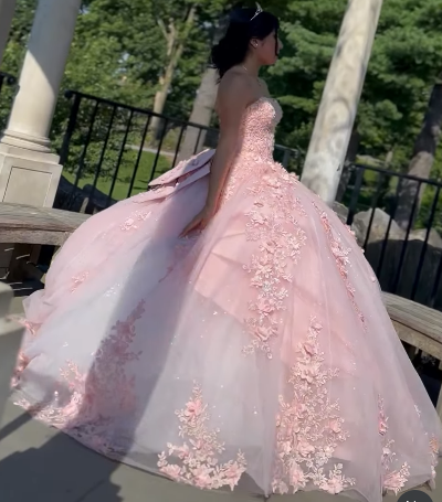 Modest Ball Gown Sweetheart Neck Blush Pink Tulle Applique Long Quinceanera Dress Formal Gowns Vestido De 15 Anos Sweet 16 Dress  DP2756