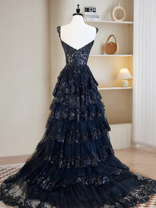 Sexy A-Linie Tüll Pailletten Schwarz Lange Ballkleider, Schwarzes Pailletten Langes Abendkleid DP275