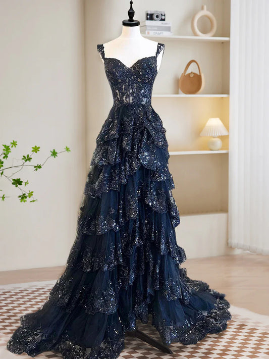 Sexy A-Linie Tüll Pailletten Schwarz Lange Ballkleider, Schwarzes Pailletten Langes Abendkleid DP275