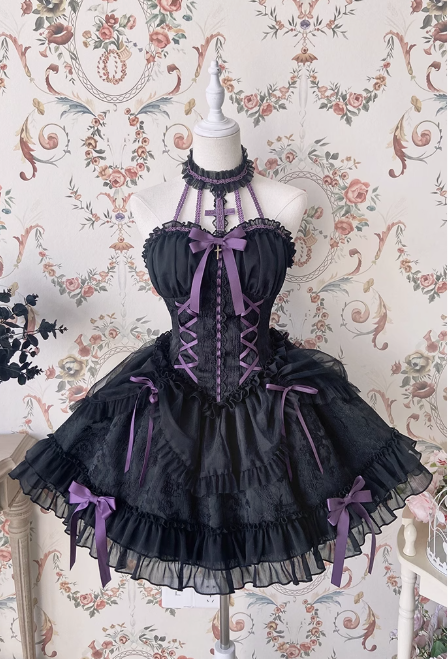 Vintage Ball Gown Halter Black/Purple Tulle Lace 22nd Birthday Dress Lolita Dress Cute Lolita Outfits DP2762