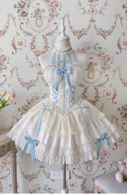 Vintage Ball Gown Halter White/Blue Tulle Lace 22nd Birthday Dress Lolita Dress Cute Lolita Outfits DP2763