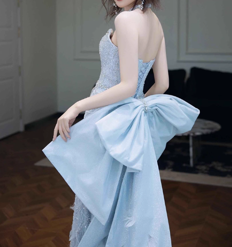 Modest Mermaid Sweetheart Neck Long Evening Gowns Ice Blue Satin Beaded Special Formal Dresses Prom Dresses DP2774