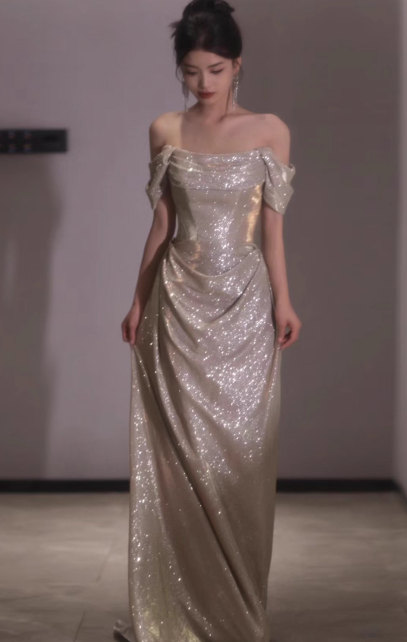 Modest Sheath Off-the-shoulder Long Evening Gowns Silver Glitter Special Formal Dresses Prom Dresses DP2776