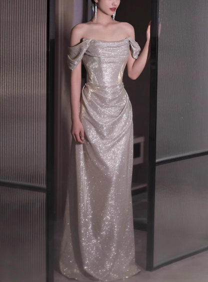 Modest Sheath Off-the-shoulder Long Evening Gowns Silver Glitter Special Formal Dresses Prom Dresses DP2776