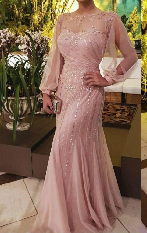 Elegant Mermaid Round Neck Mother of Bride Dress Tulle Sequin Long Sleeve Evening Gown Floor Length For Summer Guest Outfit DP2785