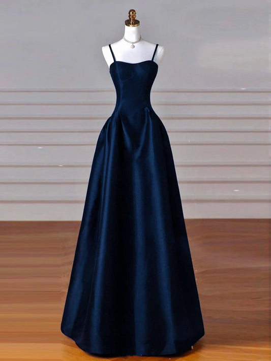 Sexy, schlichtes, langes Ballkleid aus dunkelblauem Satin in A-Linie, langes Abendkleid in Dunkelblau, DP278