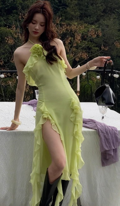 Stunning Sheath Halter Evening Gown Chiffon Ruffle Green Formal Dress Party Dress DP2793