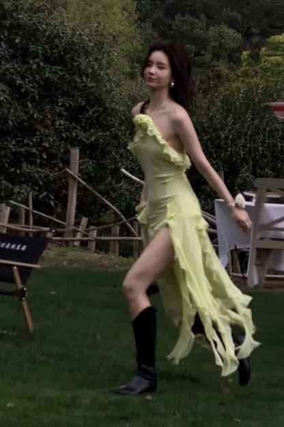 Stunning Sheath Halter Evening Gown Chiffon Ruffle Green Formal Dress Party Dress DP2793