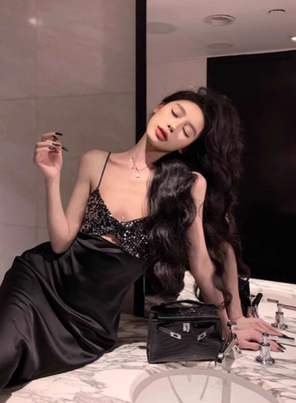 Modest Sheath Spaghetti Strap Long Evening Gown Black Formal Dress Elegant Sequin Satin Birthday Prom Dress DP2799