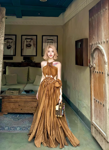 Modest Halter Backless Ball Gown Long Evening Gown Brown Formal Dress DP2804