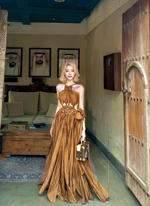 Modest Halter Backless Ball Gown Long Evening Gown Brown Formal Dress DP2804