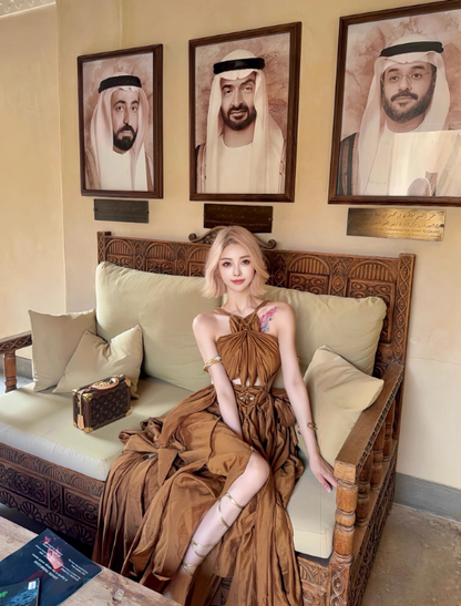 Modest Halter Backless Ball Gown Long Evening Gown Brown Formal Dress DP2804