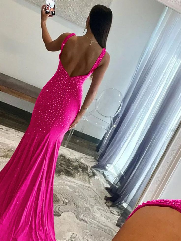 Pretty Mermaid Deep V-Neck Beaded Satin Long Prom Dresses DP280