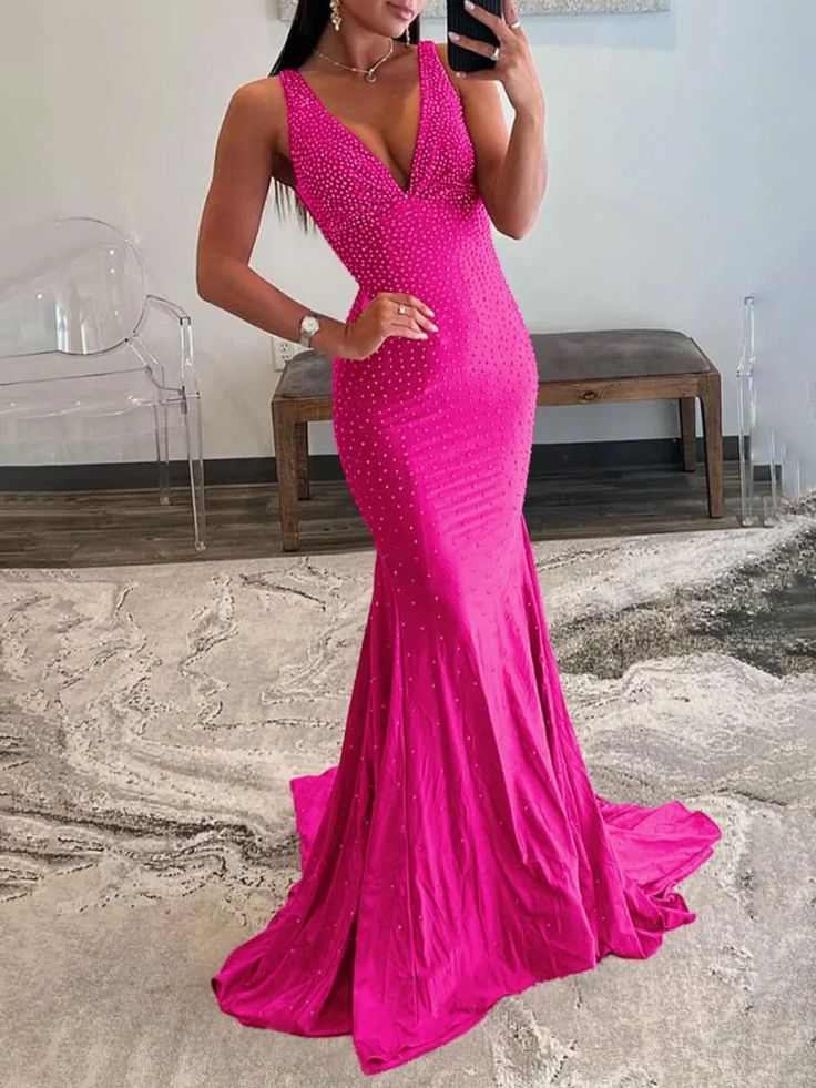Pretty Mermaid Deep V-Neck Beaded Satin Long Prom Dresses DP280