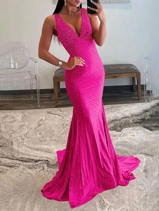 Hübsches Meerjungfrau-Ballkleid mit tiefem V-Ausschnitt und Perlenbesatz aus Satin, lang, DP280