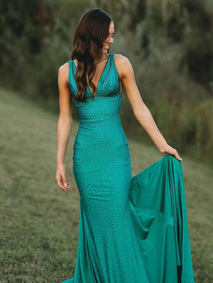 Pretty Mermaid Deep V-Neck Beaded Satin Long Prom Dresses DP280