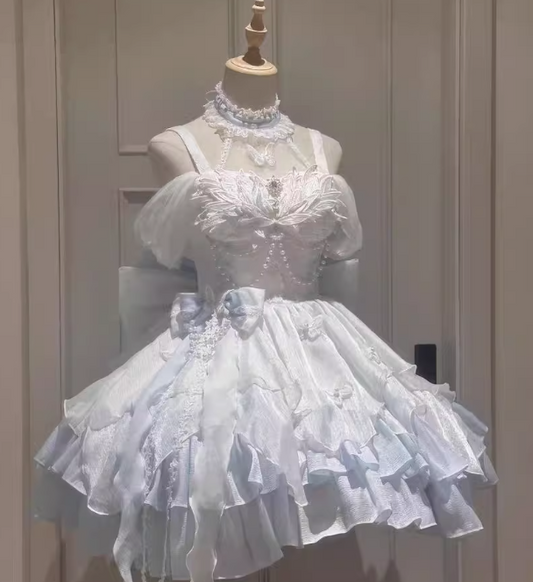 Vintage White Ball Gown Spaghetti Strap Chiffon Applique 22nd Birthday Dress Lolita Dress Cute Lolita Outfits DP2811