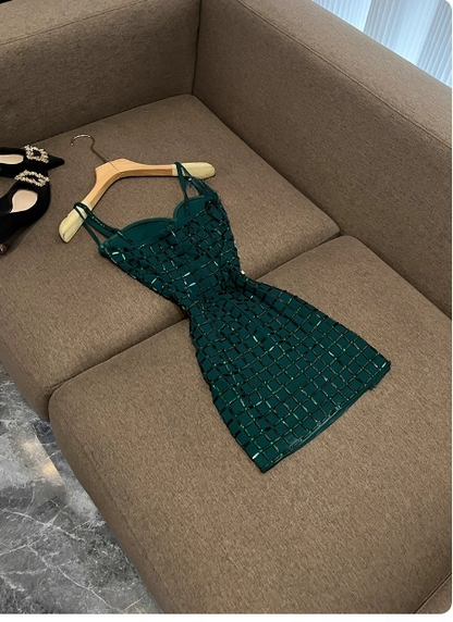 Sexy Dark Green Sheath Short Formal Dress Chiffon Rhinestone Birthday Party Dress Elegant Graduation Dress DP2828