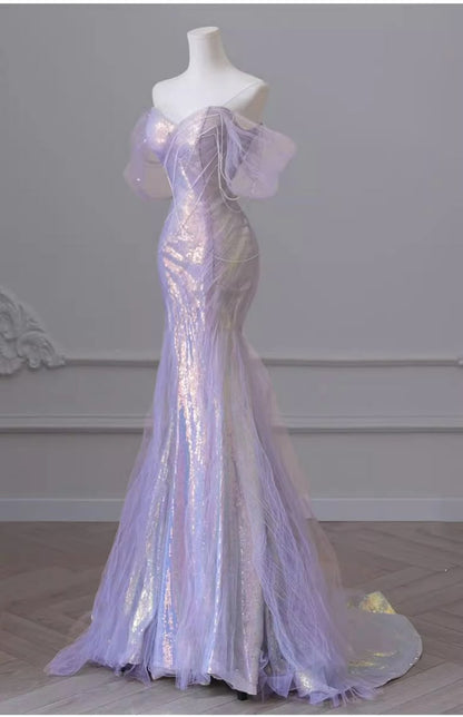 Robe de soirée sirène sexy violette à paillettes laser et perles, manches bouffantes, perles, tulle, traîne, robe de bal, robe formelle DP283