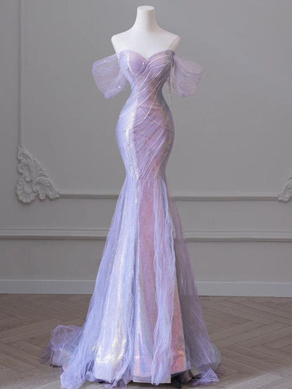 Robe de soirée sirène sexy violette à paillettes laser et perles, manches bouffantes, perles, tulle, traîne, robe de bal, robe formelle DP283