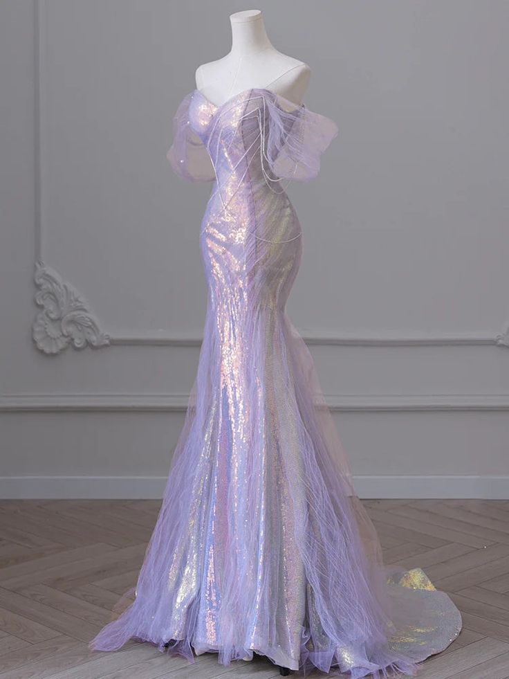 Robe de soirée sirène sexy violette à paillettes laser et perles, manches bouffantes, perles, tulle, traîne, robe de bal, robe formelle DP283