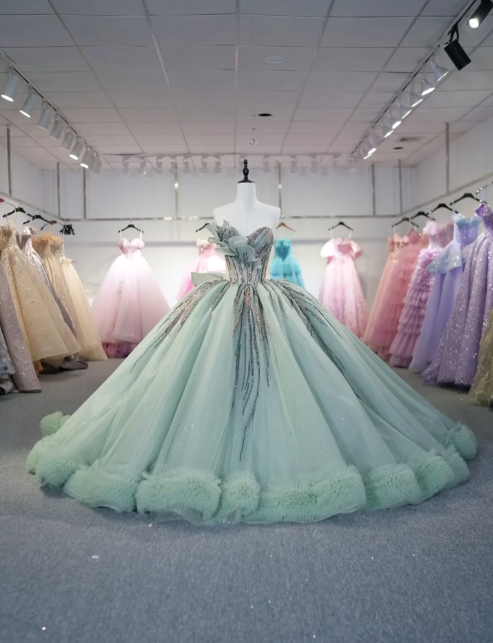 Elegant Ball Gown Sweetheart Neck Green Tulle Beaded  Long Quinceanera Dress Formal Gowns Vestido De 15 Anos Sweet 16 Dress DP2842