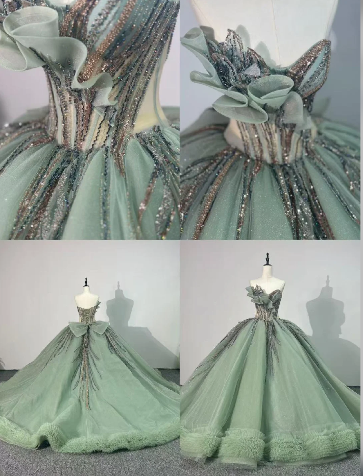 Elegant Ball Gown Sweetheart Neck Green Tulle Beaded  Long Quinceanera Dress Formal Gowns Vestido De 15 Anos Sweet 16 Dress DP2842