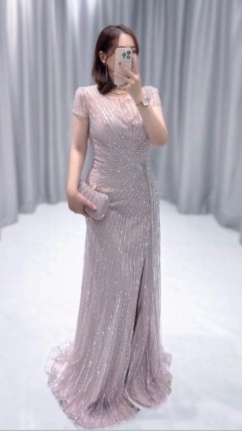Elegant Dusty Pink Jewel Sheath Mother of the Bride Dress Tulle Beaded Evening Gown DP2871