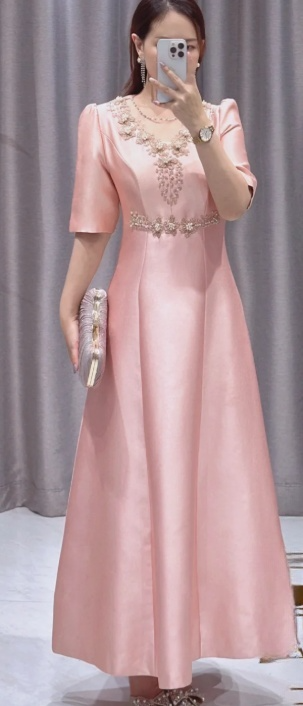 Elegant Pink A-Line Jewel Mother of the Bride Dress Satin Long Evening Gown DP2873