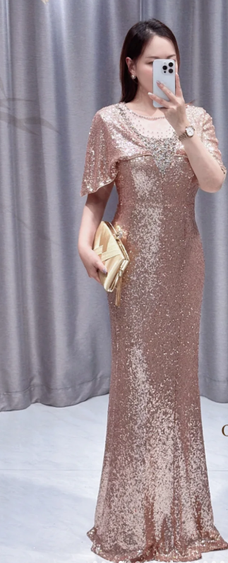 Elegant Rose Gold Mermaid Jewel Mother of the Bride Dress Sequins Long Evening Gown with Shawl DP2875