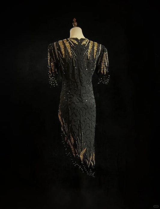 Glamour Black Sheath V-neck Mother of the Bride Dress Chiffon Beaded Short Evening Gown DP2876