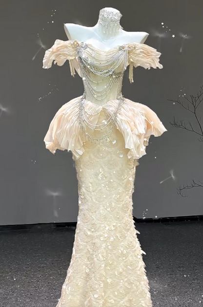 Elegant Mermaid Long Evening Dress Off-the-shoulder Beaded Tulle Wedding Guest Dress DP2882