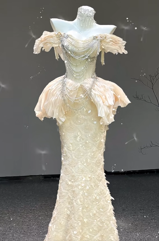 Elegant Mermaid Long Evening Dress Off-the-shoulder Beaded Tulle Wedding Guest Dress DP2882